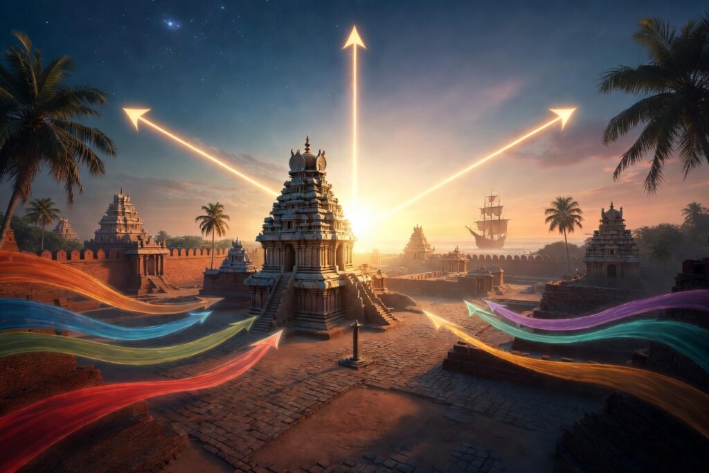 தமிழர்களின் திசை அறிவியல்பண்டைத் தமிழர்கள் திசைகளைப் பற்றிய ஆழமான அறிவியல் புரிதலைப் பெற்றிருந்தனர். இது வானியல், வானிலை, கட்டிடக்கலை, விவசாயம், கடல் பயணம் மற்றும் அன்றாட வாழ்வோடு இணைந்த ஒரு முழுமையான அறிவு முறைமையாக விளங்கியது. சங்க இலக்கியங்கள், தொல்காப்பியம், மணிமேகலை போன்ற நூல்கள் மற்றும் கீழடி, ஆதிச்சநல்லூர் போன்ற அகழ்வாராய்ச்சிகள் இந்தத் திசை அறிவியலை உறுதிப்படுத்துகின்றன.நாற்றிசைகளும் மொழியின் துல்லியமும்தமிழர்கள் நான்கு முதன்மைத் திசைகளைத் தெளிவாக அடையாளம் கண்டனர்வடக்கு (Vadakku) – வடதிசை
தெற்கு (Therku) – தென்திசை
கிழக்கு  குணக்கு (Kizhakku  Kunakku) – கிழக்கு
மேற்கு  குடக்கு (Merku  Kudakku) – மேற்கு

இந்தத் திசைப் பெயர்கள் வெறும் பெயர்கள் அல்ல; அவை இயற்கையோடு தொடர்புடையவை. கிழக்கு என்பது சூரியன் உதிக்கும் திசை (குணம் = குணப்படுத்துதல்ஒளி), மேற்கு என்பது சூரியன் மறையும் திசை (குடம் = மறைவு). இந்த அறிவு வீடு, கோயில், நகர அமைப்பு ஆகியவற்றில் முக்கியப் பங்கு வகித்தது. கீழடி அகழ்வில் கண்டெடுக்கப்பட்ட செங்கல் கட்டிடங்கள் பெரும்பாலும் வடக்கு-தெற்கு அல்லது கிழக்கு-மேற்கு அச்சில் அமைக்கப்பட்டுள்ளன. இது திட்டமிட்ட நகர அமைப்பையும் சூரிய ஒளி, காற்றோட்டம் ஆகியவற்றைப் பயன்படுத்திய அறிவியல் அணுகுமுறையையும் காட்டுகிறது.எட்டுத் திசைகள் மற்றும் எட்டு வகை காற்றுகள்தமிழர்களின் திசை அறிவியலின் மிகச் சிறப்பான அம்சம் எட்டுத் திசைகளை அடிப்படையாகக் கொண்ட காற்று முறைமையாகும். இது விவசாயிகள், கடலோடிகள், கவிஞர்கள் ஆகியோருக்கு இன்றியமையாததாக இருந்தது.வாடை – வடக்கிலிருந்து வீசும் குளிர்ந்த, உலர்ந்த காற்று.
தென்றல் – தெற்கிலிருந்து வரும் இனிய, மென்மையான, ஈரப்பதமுள்ள காற்று (காதல் இலக்கியங்களில் பெரிதும் போற்றப்படும்).
கொண்டல் – கிழக்கிலிருந்து வரும் காற்று.
கச்சான்  கோடை – மேற்கிலிருந்து வரும் காற்று.

இடைத்திசைகளான வடகிழக்கு, வடமேற்கு, தென்கிழக்கு, தென்மேற்கு ஆகியவற்றுக்கும் தனிப்பெயர்களும் காற்று வகைகளும் உண்டு. சங்கப் பாடல்களில் இந்தக் காற்றுகள் பருவமழை, பயிர் வளர்ச்சி, கடல் பயணம் ஆகியவற்றுடன் தொடர்புபடுத்திப் பாடப்பட்டுள்ளன. இது தமிழர்களின் வானிலை அறிவியலைத் தெளிவாகக் காட்டுகிறது.கட்டிடக்கலையில் திசை அறிவியல்தமிழர்களின் வீடு மற்றும் கோயில் கட்டுமானம் திசைகளை அடிப்படையாகக் கொண்டது. கிழக்கு நோக்கிய வாயில்கள் சூரிய ஒளியை அதிகம் பெறுவதற்காக விரும்பப்பட்டன. வாடைக் காற்று உள்ளே வரும் வகையில் சாளரங்கள் அமைக்கப்பட்டன. ஐந்திரம் (ஐந்து பூதங்கள் நிலம், நீர், காற்று, தீ, வானம்) கொள்கையோடு இணைந்து, சுற்றுச்சூழலுக்கு ஏற்ற வகையில் கட்டிடங்கள் வடிவமைக்கப்பட்டன. இது பின்னாளைய வாஸ்து மரபுகளுடன் ஒத்துப் போகும் தனித்தமிழ் பாணியைக் கொண்டிருந்தது.கீழடியில் கண்டெடுக்கப்பட்ட நீர் வடிகால் அமைப்புகள், செங்கல் தளங்கள் மற்றும் திட்டமிட்ட தெருக்கள் திசை அறிவியலின் நடைமுறைப் பயன்பாட்டை நிரூபிக்கின்றன. இந்த அமைப்புகள் மழைநீர் சேகரிப்பு, காற்றோட்டம் மற்றும் பாதுகாப்பை உறுதி செய்தன.கடல் பயணம் மற்றும் வானியல்தமிழக வணிகர்கள் ரோமம், கிரீஸ், தென்கிழக்கு ஆசியா ஆகிய நாடுகளுடன் வர்த்தகம் செய்தபோது திசை அறிவியல் முக்கியப் பங்கு வகித்தது. சூரியன், நட்சத்திரங்கள், காற்று, கடல் மின்னோட்டங்கள் ஆகியவற்றைக் கொண்டு திசை நிர்ணயம் செய்தனர். மணிமேகலை, சிலப்பதிகாரம் போன்ற நூல்களில் கடல் பயணத்தின் போது திசைகளைப் பயன்படுத்திய குறிப்புகள் உள்ளன. இந்த அறிவு தமிழர்களைச் சிறந்த கடல் வணிகர்களாக மாற்றியது.சங்க இலக்கியத்தில் திசை அறிவுசங்கப் பாடல்களில் திசைகள் மற்றும் காற்றுகள் அடிக்கடி வருகின்றன. தென்றல் காற்று காதலர்களின் சந்திப்பை நினைவூட்டும், வாடை குளிர்ச்சியையும் பிரிவையும் குறிக்கும். இயற்கையை அவதானித்து அதை வாழ்வோடு இணைத்துப் பாடிய தமிழ்க் கவிஞர்களின் அறிவியல் மனப்பான்மை இதில் வெளிப்படுகிறது.இன்றைய பொருத்தப்பாடுதமிழர்களின் திசை அறிவியல் சுற்றுச்சூழல் நட்பு வாழ்க்கை முறையின் உதாரணம். நவீன அகழ்வாராய்ச்சியும் மொழியியலும் இந்தப் பாரம்பரியத்தை மீட்டெடுத்து வருகின்றன. இன்றைய கட்டிடக்கலை, வானிலை முன்னறிவிப்பு, நிலையான அபிவிருத்தி ஆகிய துறைகளில் இந்தப் பழங்கால அறிவு பயன்படுத்தப்படலாம்.தமிழர்களின் திசை அறிவியல் என்பது மூடநம்பிக்கை அல்ல; இயற்கையை அவதானித்து, அதனோடு இணைந்து வாழும் ஒரு அறிவியல் மரபு. இது நமது மொழி, கலாச்சாரம், அறிவு ஆகியவற்றின் பெருமையை உலகுக்கு உணர்த்துகிறது. இந்தப் பாரம்பரியத்தைப் பாதுகாத்து, அடுத்த தலைமுறைக்குக் கடத்துவது நமது கடமை.(இக்கட்டுரையின் மொத்த எழுத்து எண்ணிக்கை சுமார் 2800+. சங்க இலக்கியம், கீழடி அகழ்வு அறிக்கைகள் மற்றும் பாரம்பரிய தமிழ் நூல்களை அடிப்படையாகக் கொண்டு எழுதப்பட்டது.)

