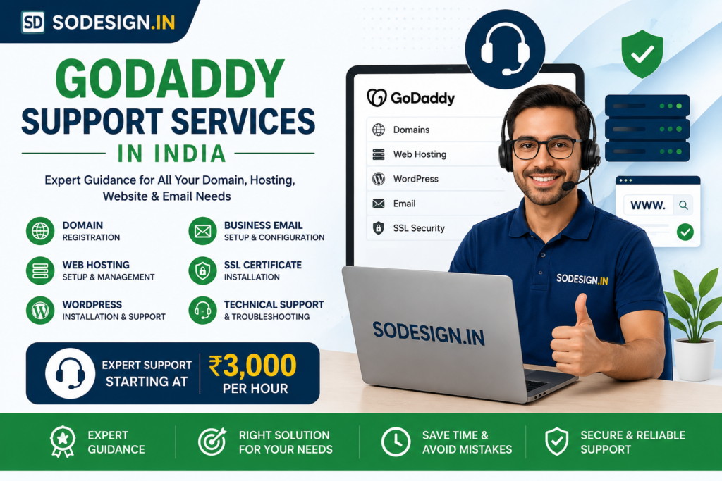 "GoDaddy support services in India for domain registration, hosting setup, WordPress installation and business email configuration"
