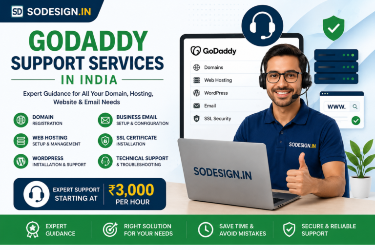 "GoDaddy support services in India for domain registration, hosting setup, WordPress installation and business email configuration"