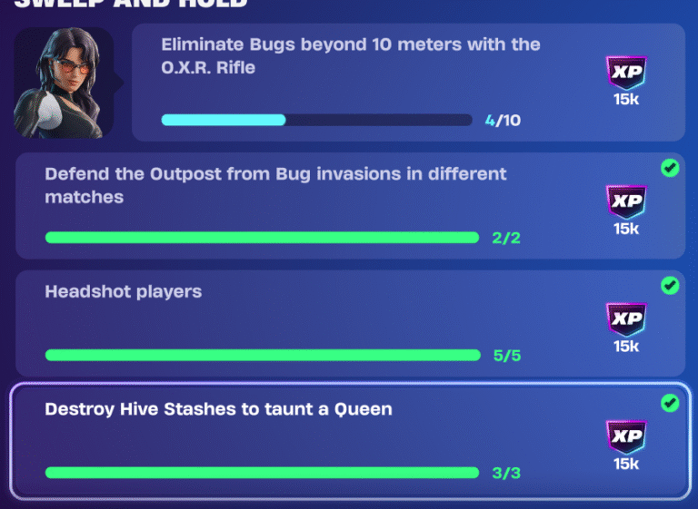 Eliminate Bugs beyond 10 meters with the O.X.R. Rifle (10 eliminations)