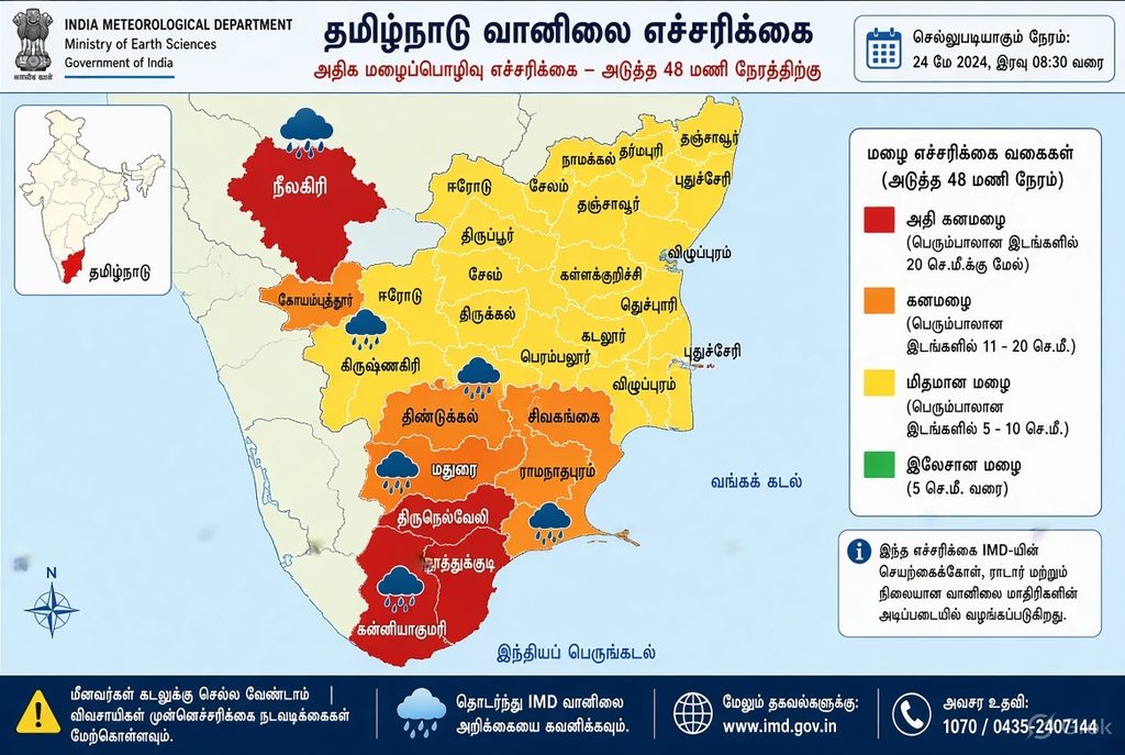 அக்டோபர் 22 முதல் 25 வரை தமிழ்நாட்டில் வடகிழக்கு பருவமழை தீவிரமாக இருக்கும். தூத்துக்குடி, திருநெல்வேலி, கன்னியாகுமரி உள்ளிட்ட பல மாவட்டங்களில் கனமழை முதல் மிகக் கனமழை பெய்ய வாய்ப்பு. சென்னை மற்றும் வட மாவட்டங்களில் மிதமான மழை. முழு விவரம் இங்கே.