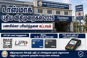டாஸ்மாக் கடைகளில் கூடுதல் விலைக்கு மது விற்பனை செய்தால் கடும் நடவடிக்கை – 1.11.2026 முதல் புதிய பணமில்லா விதிமுறைகள்