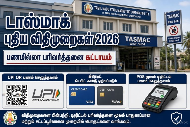 டாஸ்மாக் கடைகளில் கூடுதல் விலைக்கு மது விற்பனை செய்தால் கடும் நடவடிக்கை – 1.11.2026 முதல் புதிய பணமில்லா விதிமுறைகள்